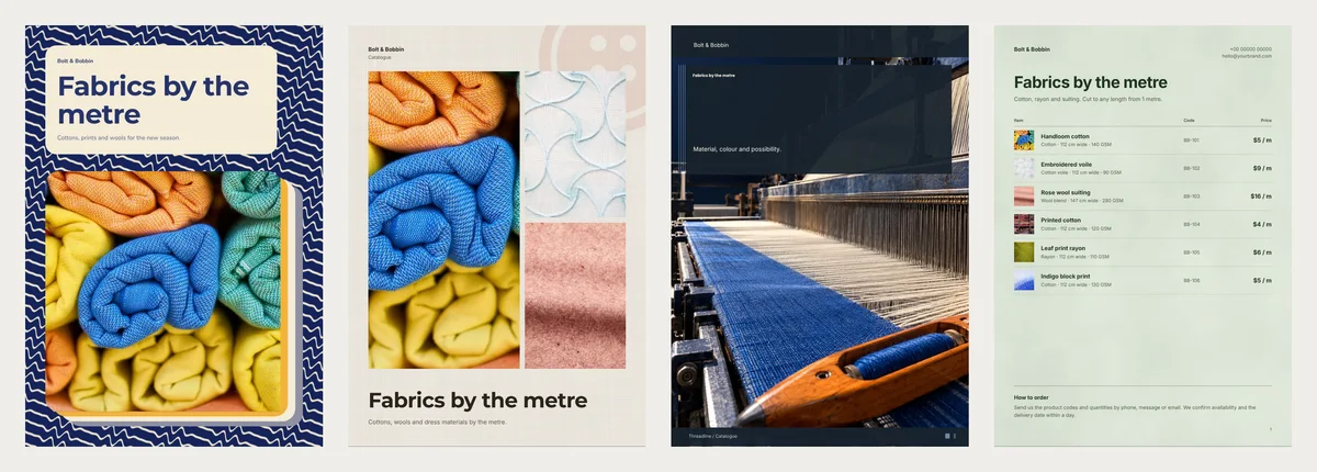 Four finished covers for a sample fabric shop called Bolt & Bobbin, all titled Fabrics by the metre: Shade Card with rolled cotton on a navy zigzag, The Loom Room with three fabric photos, Threadline with a loom, and the Meter Rate price list with six fabrics and prices per metre