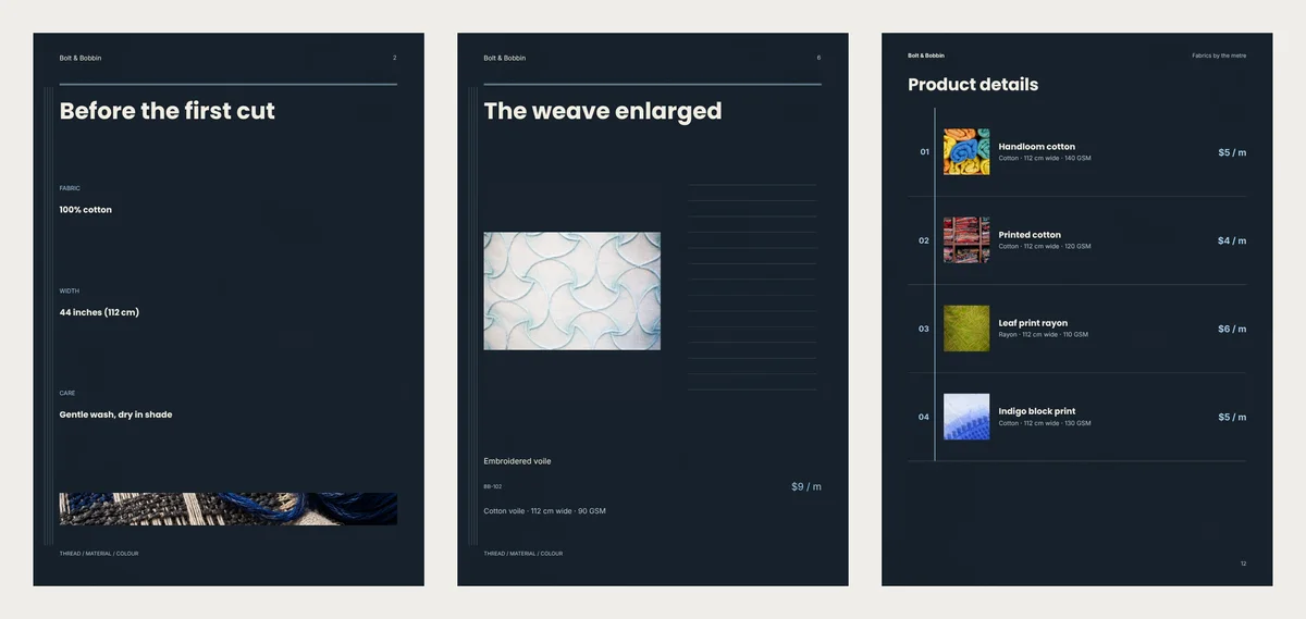 Three dark Threadline pages: a Before the first cut page that still says 100% cotton and 44 inches, a page with one embroidered voile and its fibre line, and a Product details list of four fabrics with fibre, width and GSM