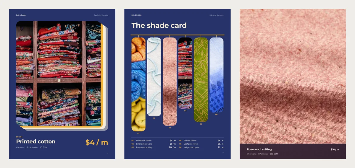 Three pages with large fabric photos: a Shade Card page for printed cotton at $4 / m, the Shade Card page with six tall fabric strips and a price list under them, and a full-page Silk & Wool photo of rose wool suiting at $16 / m