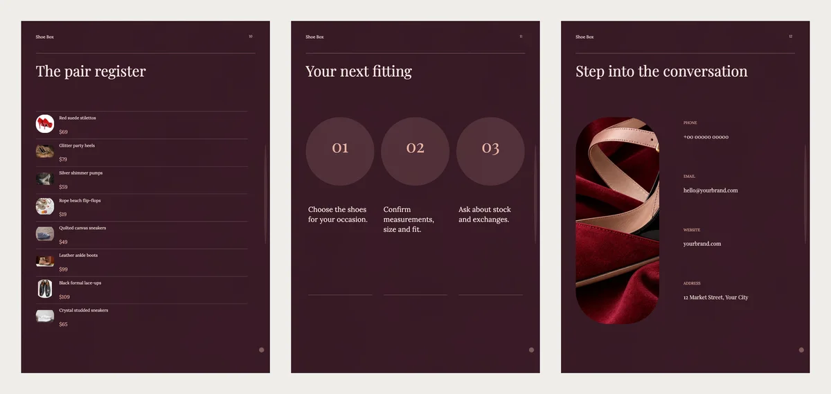 The last three Ruby Steps pages: a list of every pair with a small photo and price, three round steps to order, and the contact page