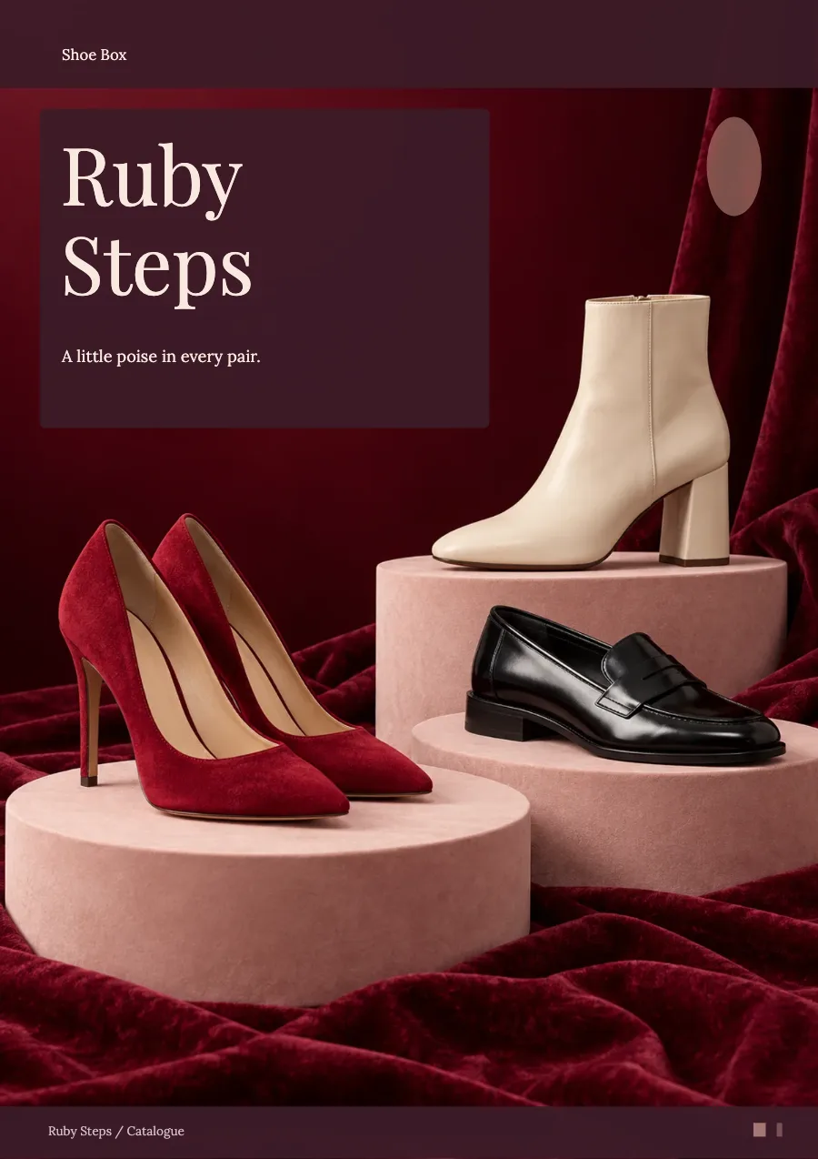 The Ruby Steps footwear catalogue cover: red suede heels, a cream ankle boot and black loafers on pink stands over deep red velvet, with the title in a dark box