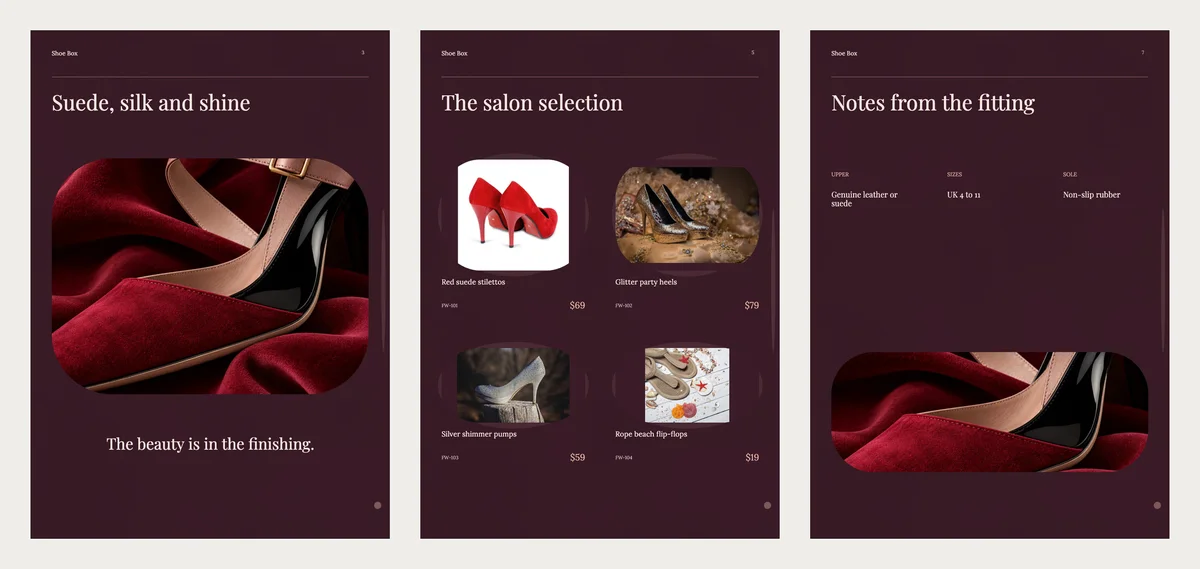 Three Ruby Steps inside pages: a close photo of a velvet shoe and a strap, four pairs with names and prices, and notes for upper, sizes and sole