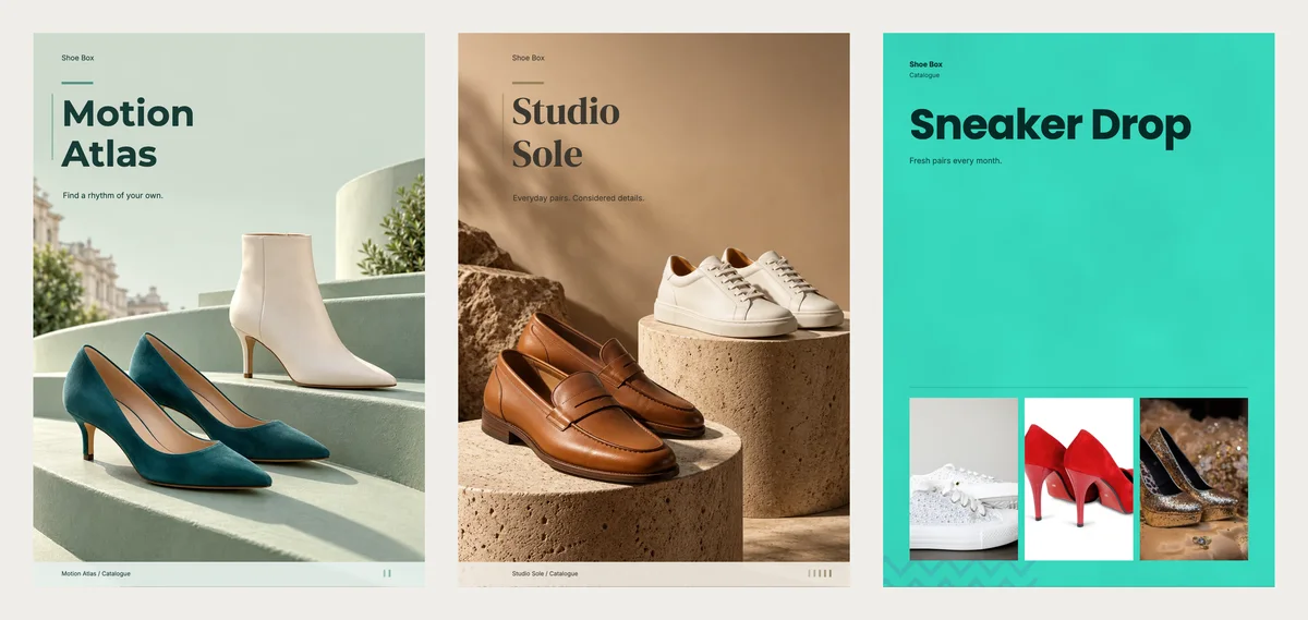 Three other footwear catalogue covers: Motion Atlas with green heels on pale steps, Studio Sole with loafers and sneakers on stone stands, and Sneaker Drop in bright aqua with three photos