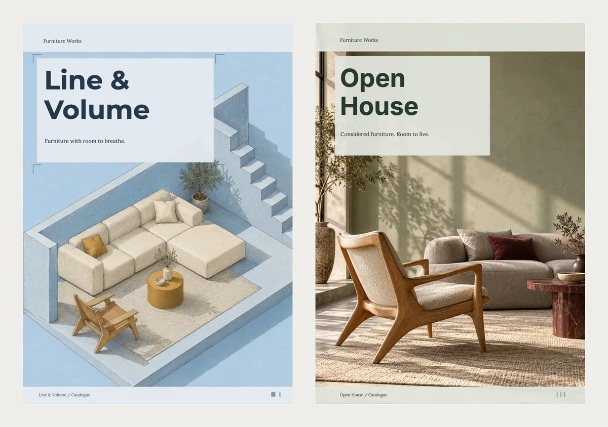 Two finished furniture catalogue covers: Line and Volume in pale blue with a cream sofa in a drawn room, and Open House in soft green with a wooden lounge chair in a sunny room