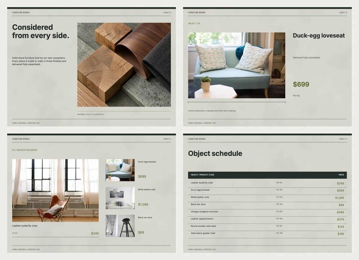 Four landscape pages of the Form and Grain brochure: a wood and fabric material photo, one loveseat with its price, a page of several pieces, and a table of products, codes and prices