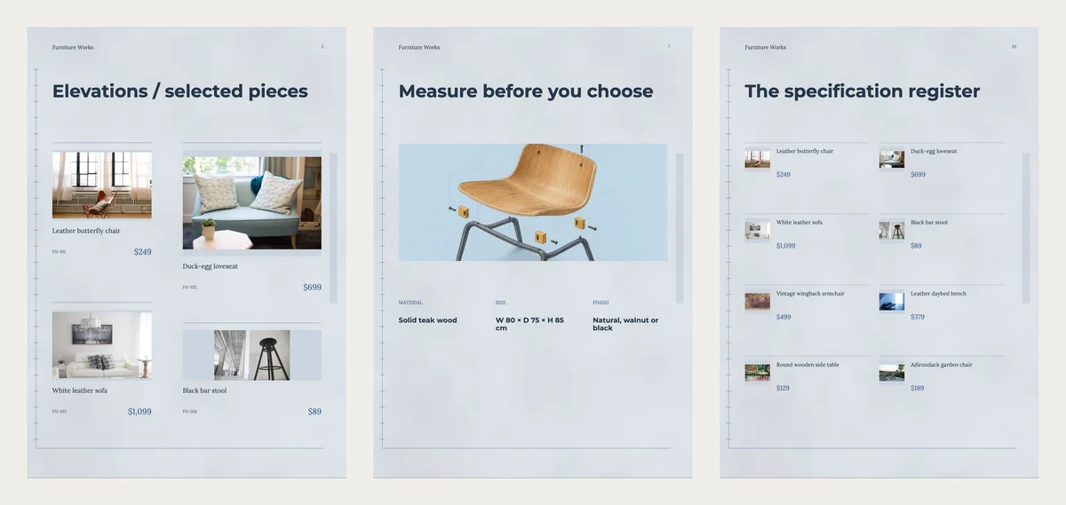 Three Line and Volume inside pages: four pieces with codes and prices, a page with material, size and finish under a chair drawing, and a list of every piece with its price