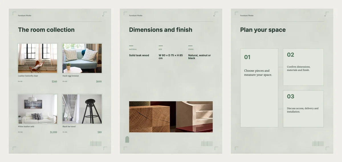 Three Open House inside pages: four pieces in a grid with prices, a page of material, size and finish notes, and a list of every piece