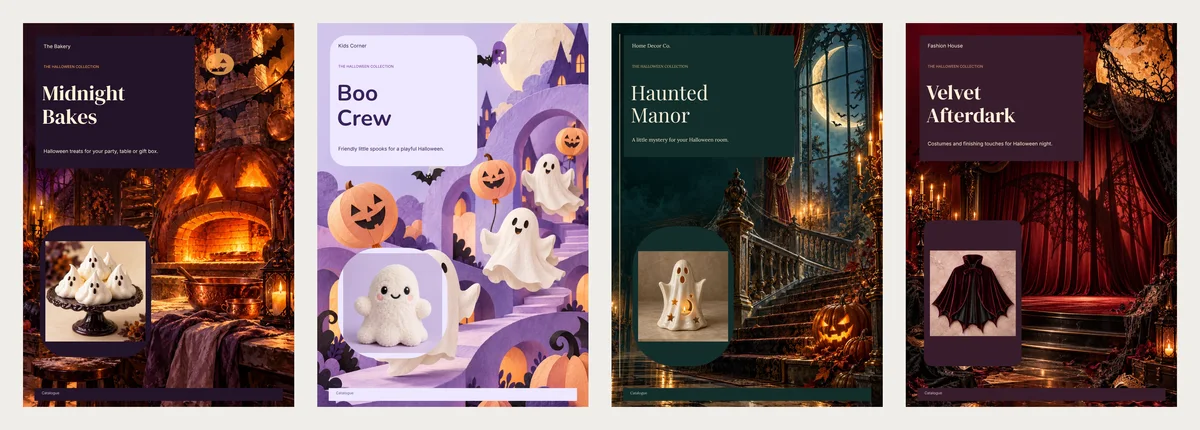 Four Halloween catalogue covers side by side: Midnight Bakes with ghost meringues by a glowing oven, Boo Crew with a ghost soft toy on lilac paper, Haunted Manor with a ghost candleholder on a moonlit staircase, and Velvet Afterdark with a bat cape in front of red theatre curtains