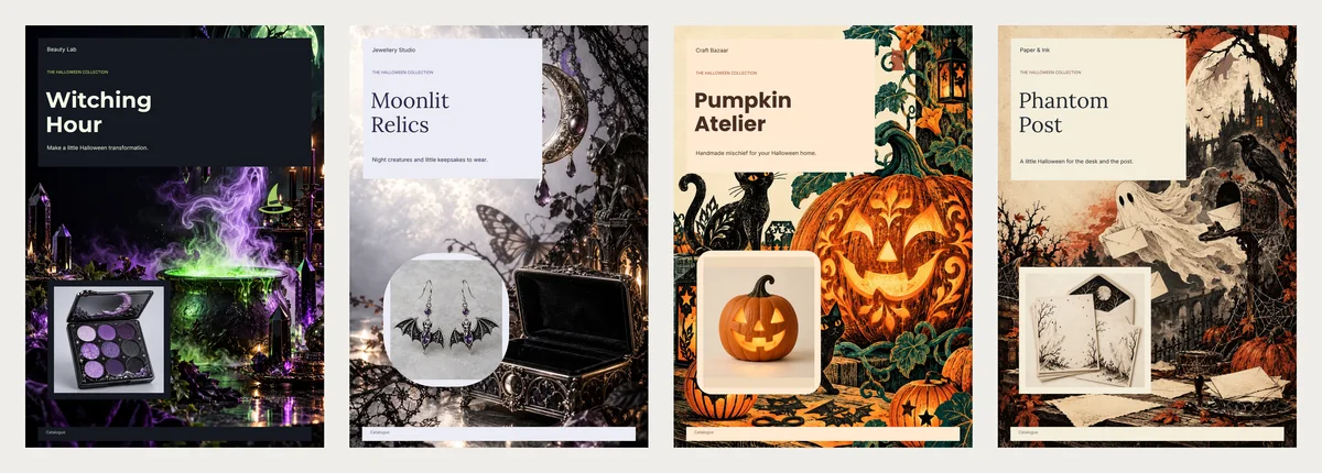Four more Halloween catalogue covers: Witching Hour with an eyeshadow palette by a green cauldron, Moonlit Relics with bat earrings and a jewellery box, Pumpkin Atelier with a carved pumpkin lantern, and Phantom Post with ghost letter paper, a raven and a postbox