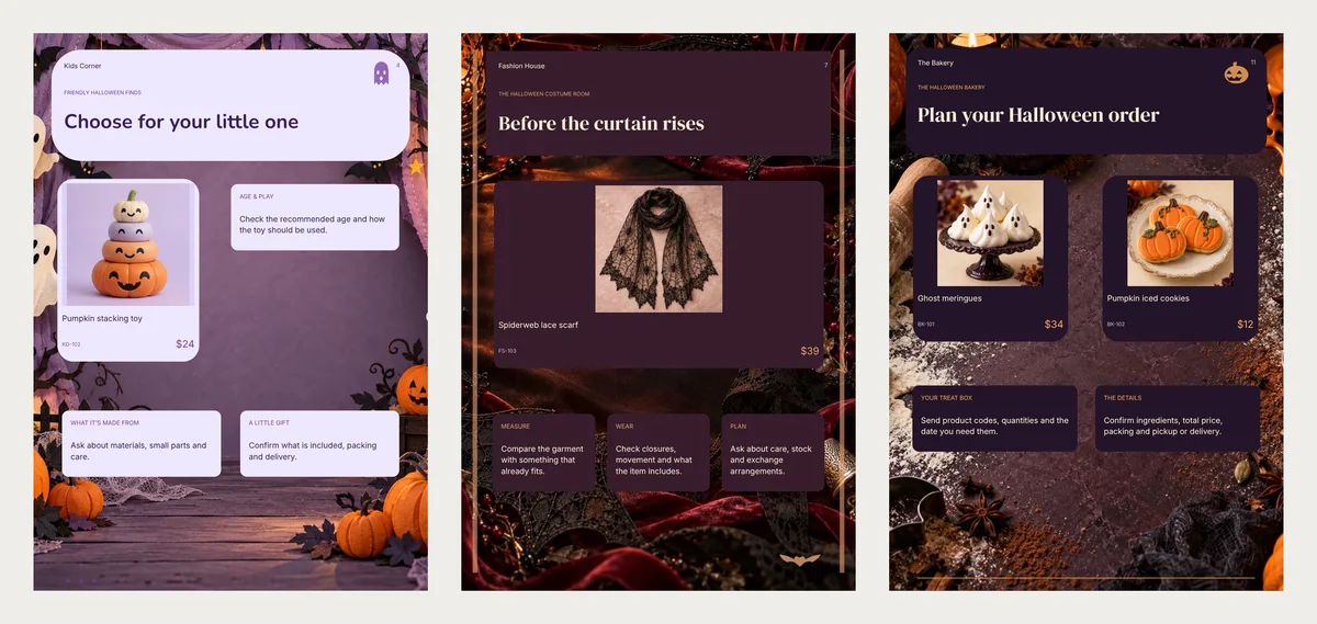 Three order note pages: Boo Crew with Age and play, What it's made from and A little gift boxes; Velvet Afterdark with Measure, Wear and Plan boxes under a lace scarf; Midnight Bakes with Your treat box and The details boxes under two bakes