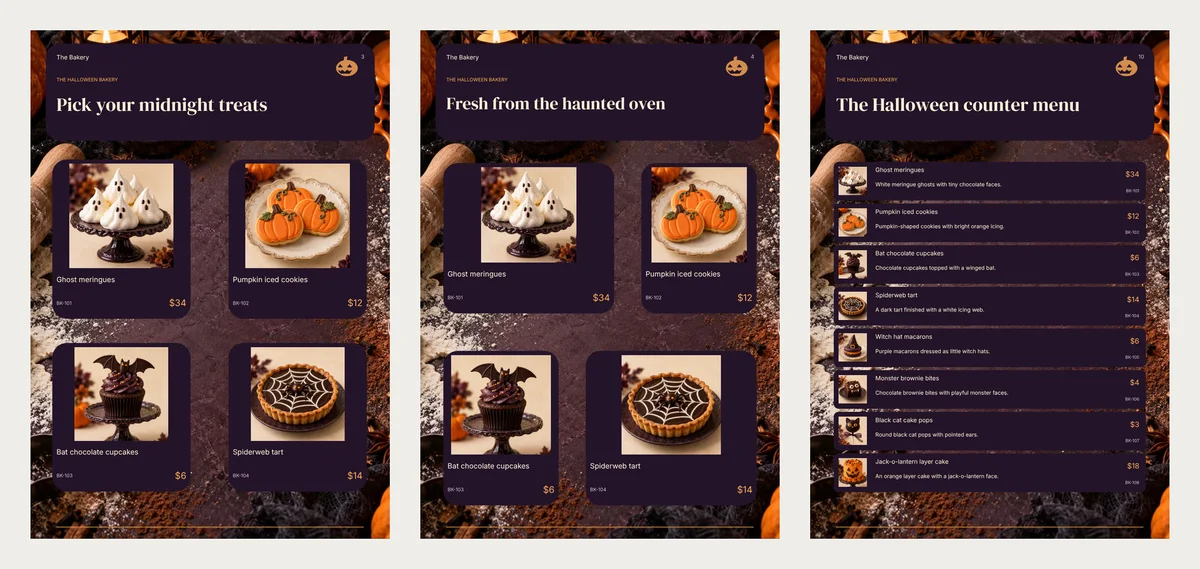 Three Midnight Bakes pages: two pages that show the same four bakes (ghost meringues, pumpkin cookies, bat cupcakes and a spiderweb tart) under different headings, and a list page of all eight bakes with prices