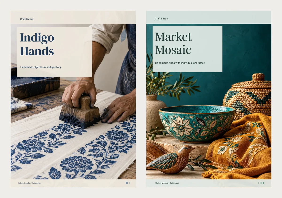 Two finished handicraft catalogue covers: Indigo Hands with two hands block-printing blue flowers on cloth, and Market Mosaic with a painted teal bowl, a woven basket and a carved bird