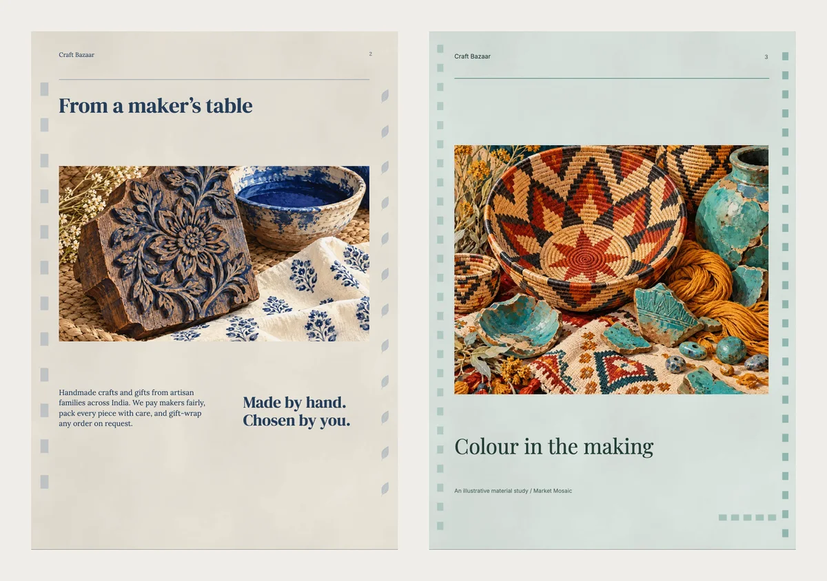 Two inside pages: From a maker's table with a carved printing block and a short note about the makers, and Colour in the making with a close photo of a woven basket