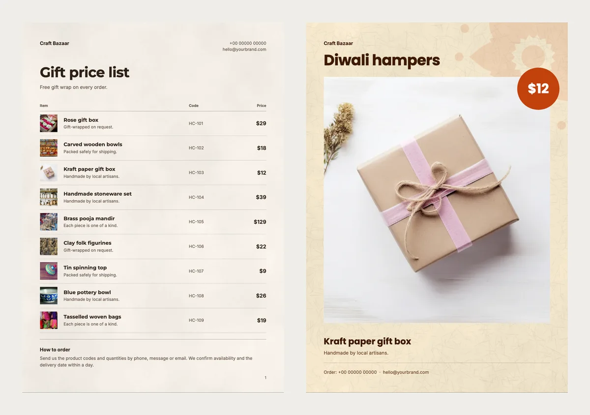A gift price list on cream paper with small photos and prices, next to a Diwali hampers flyer with a kraft gift box and an orange price badge