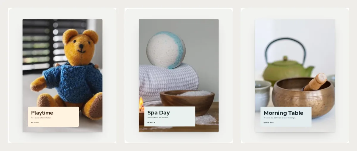 Three finished lookbook covers side by side: Playtime with a teddy bear in a blue jumper, Spa Day with a bath bomb on a towel, and Morning Table with a green teapot and a brass bowl