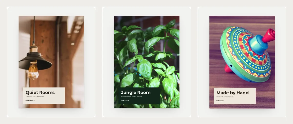 Three more lookbook covers: Quiet Rooms with a black pendant lamp, Jungle Room with basil leaves, and Made by Hand with a painted spinning top
