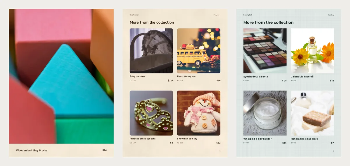 Three finished gift guide pages: a full page of wooden building blocks with a $24 price, a page of four toys with codes and prices, and a page of four beauty gifts with prices