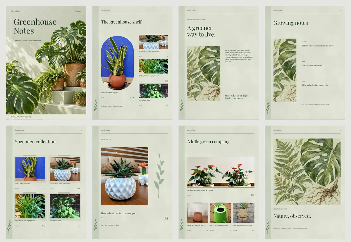 Eight pages of a finished plant shop catalogue on one sheet: a cover with a monstera plant, a page of four plants with prices, an introduction page, a growing notes page, a page of four photos in frames, a single plant page, a page with one big and three small photos, and a full page leaf painting
