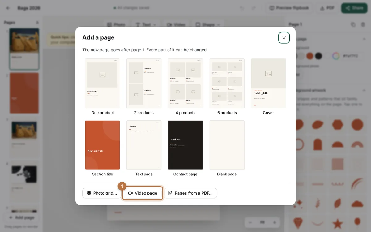 The Add a page window in the CatalogLeaf editor with the Video page button highlighted at the bottom