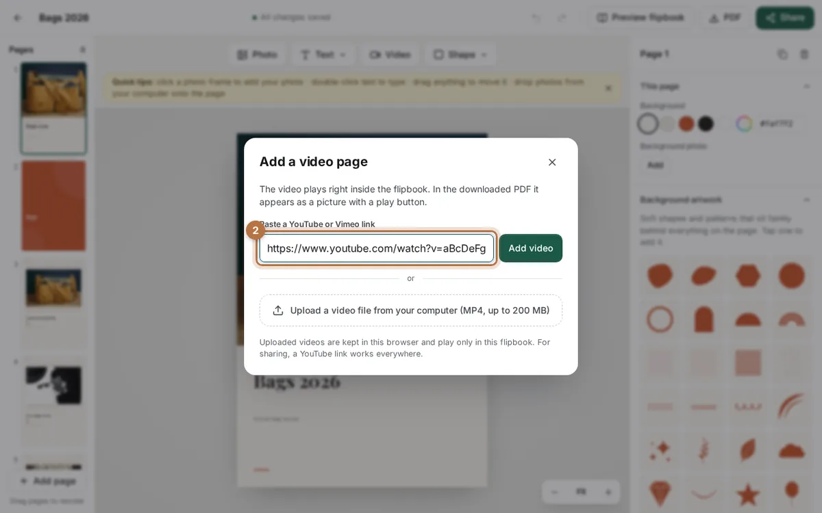 The Add a video page window with a YouTube link typed in the box and an Add video button next to it
