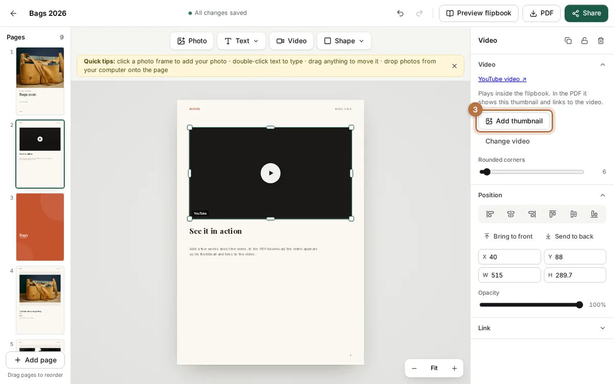 A new page with a dark video box and a play button, and the Add thumbnail button highlighted in the panel on the right