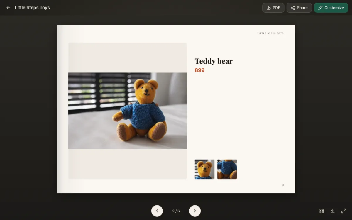 A finished catalog page with a big teddy bear photo and two small close-up photos under the name and price