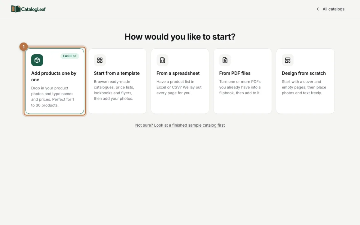 The How would you like to start page with the Add products one by one card highlighted