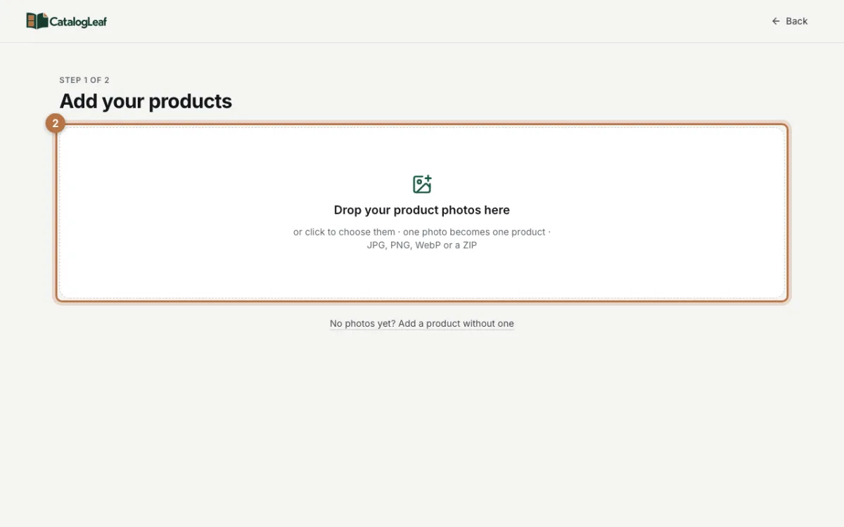 The Add your products page with the box for dropping product photos highlighted
