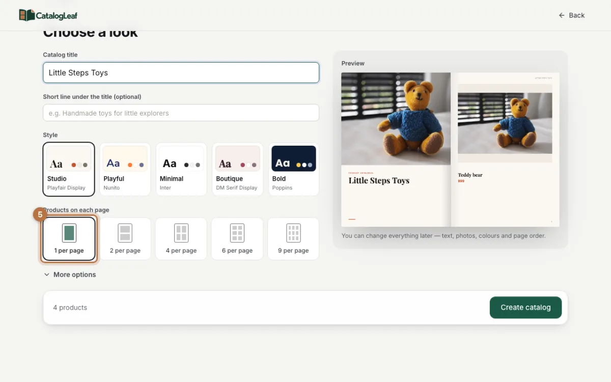 The Choose a look page with the 1 per page option highlighted