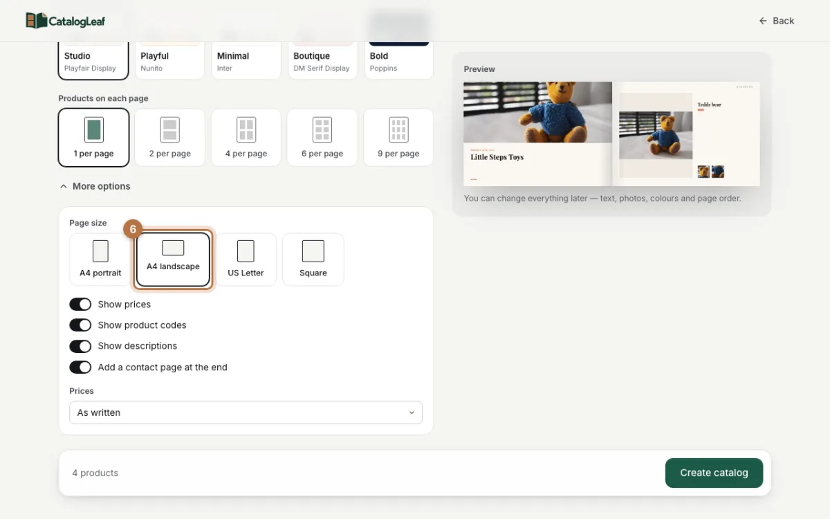 More options open with the A4 landscape page size highlighted and a preview of the teddy bear page