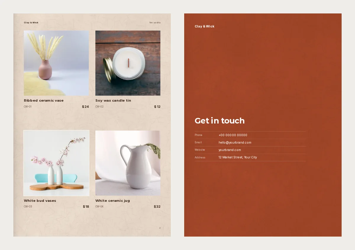 Two finished catalogue pages: four products with codes CW-01 to CW-04 and prices, and a Get in touch page with phone, email, website and address