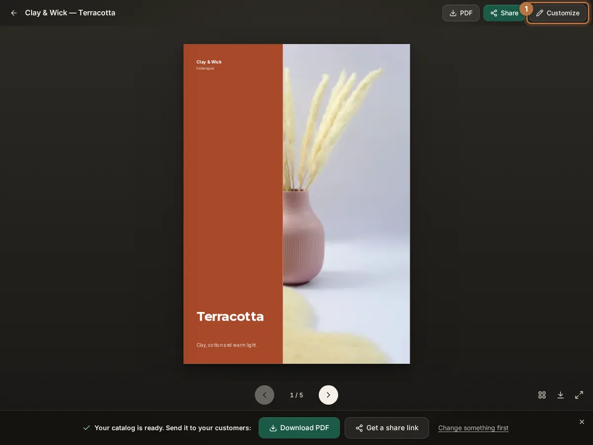 A finished Clay & Wick catalogue open in the CatalogLeaf viewer, with the Customize button highlighted