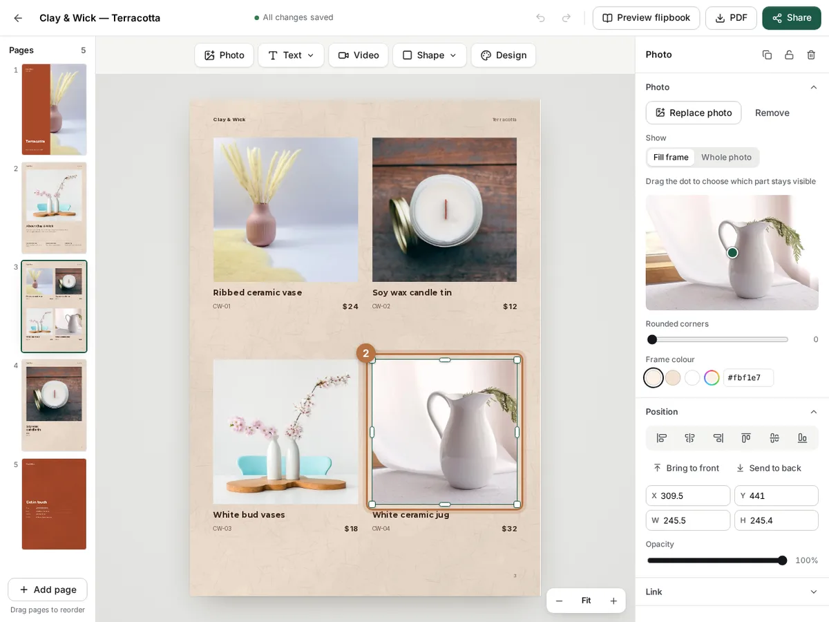 The editor on a page of four home goods, with the white ceramic jug photo selected and highlighted