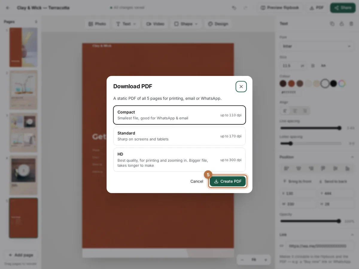 The Download PDF window with Compact chosen and the Create PDF button highlighted