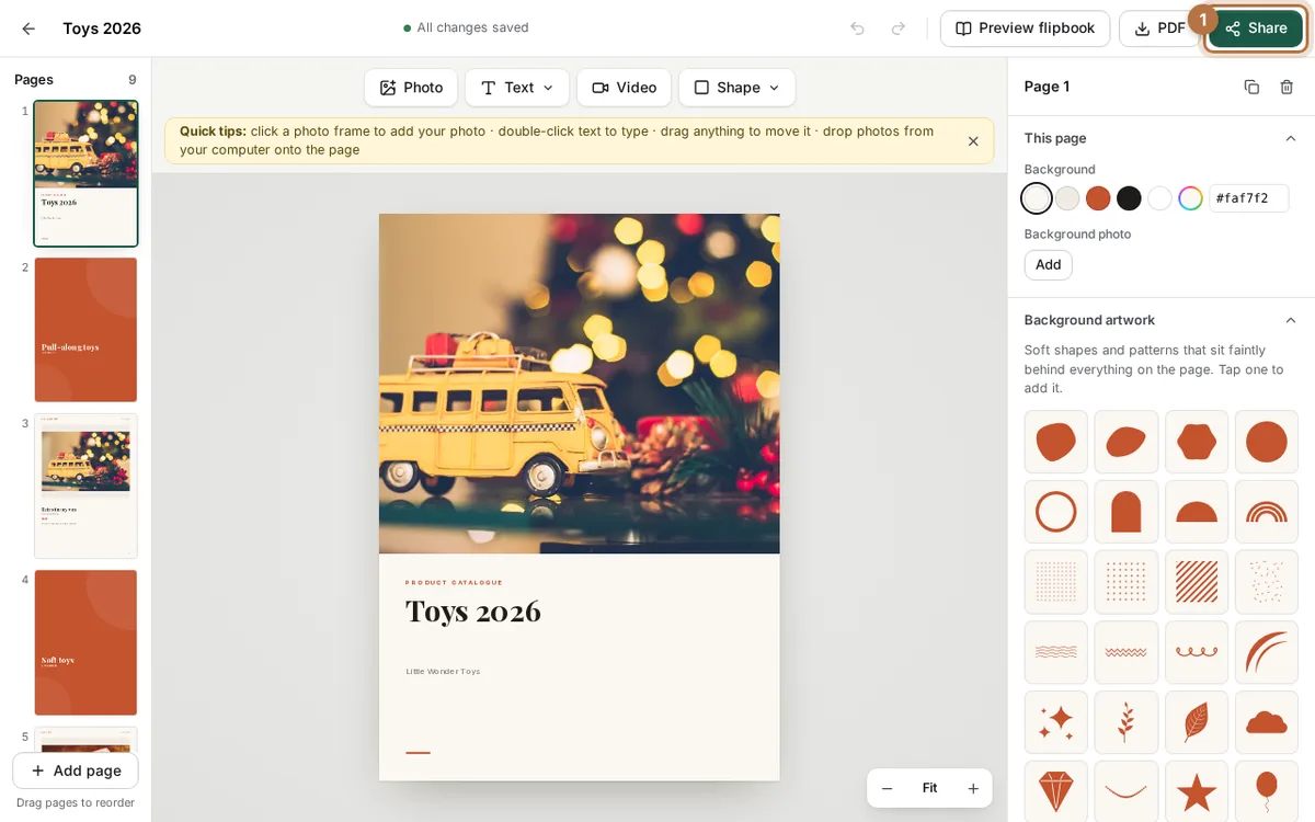 The CatalogLeaf editor for a toy catalogue with the Share button highlighted at the top right