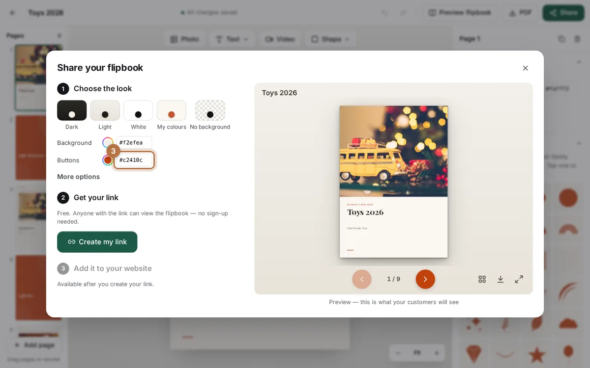 The Share window with the Buttons colour box set to an orange code and the preview showing orange page buttons