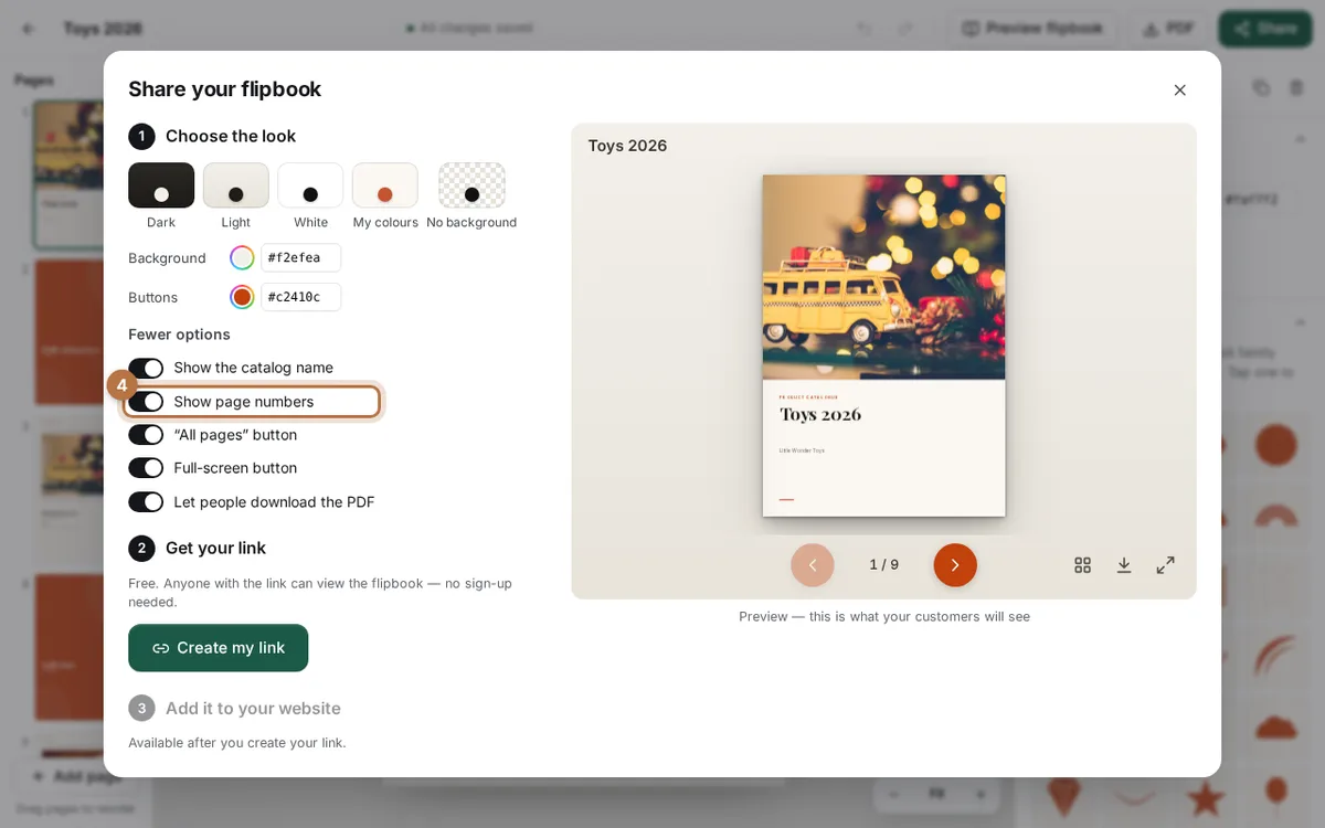 The More options list in the Share window with switches for catalog name, page numbers, All pages, full screen and PDF download