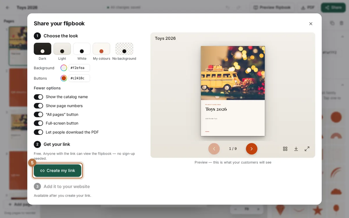 The Share window with the Create my link button highlighted below the colour and button options