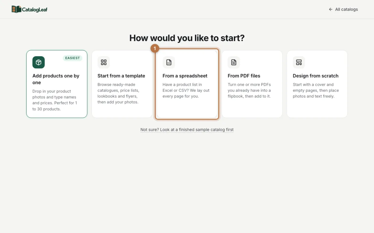 The How would you like to start page with the From a spreadsheet card highlighted