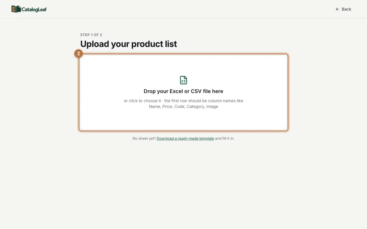 The Upload your product list page with the box for the Excel or CSV file highlighted