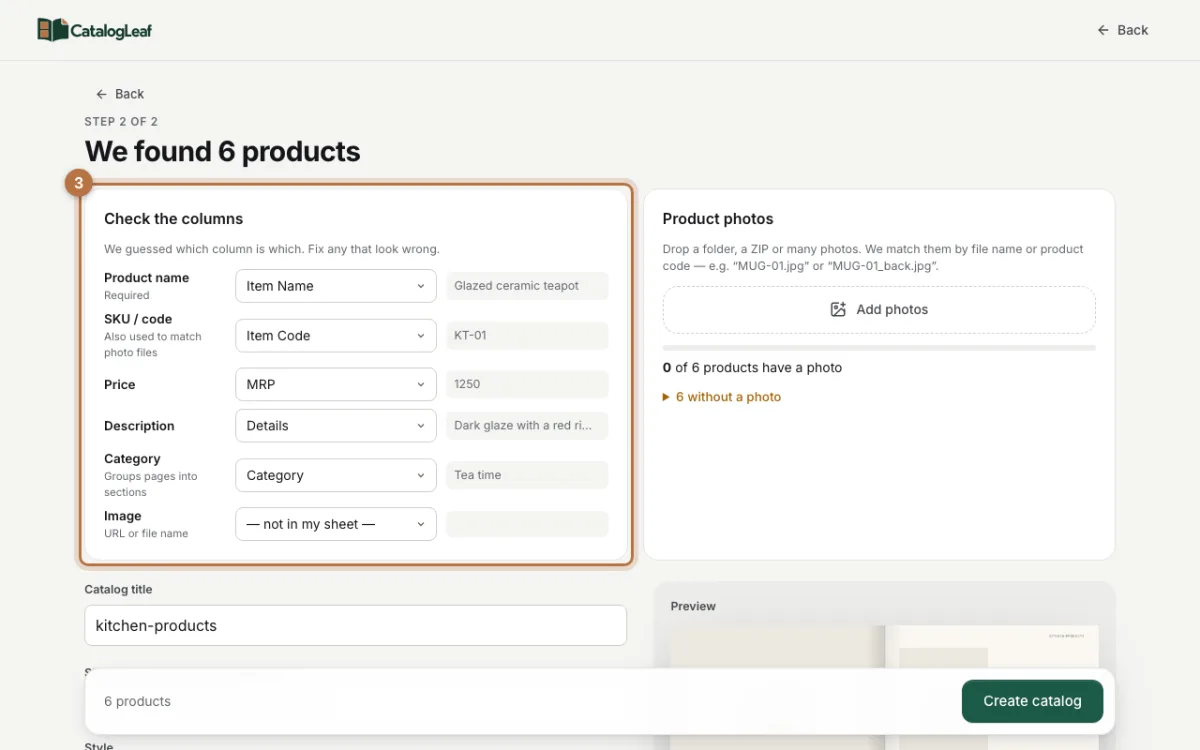 The Check the columns panel, where Item Name, Item Code, MRP, Details and Category are matched to the right fields