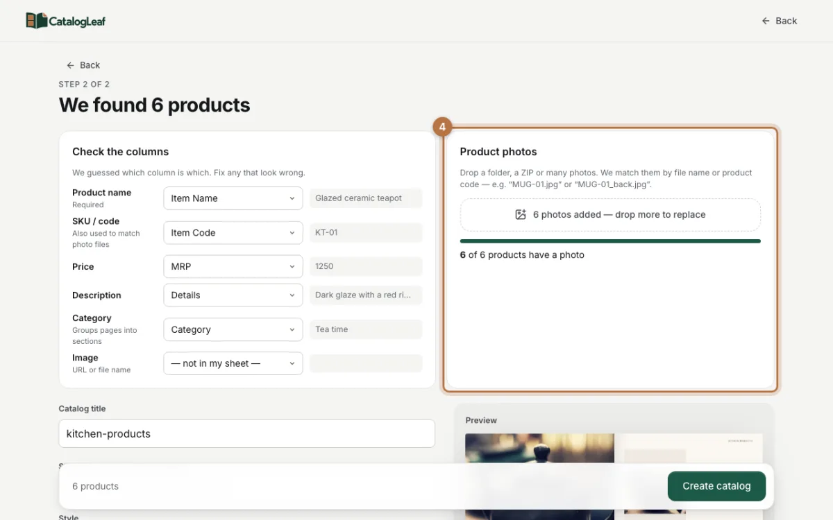 The Product photos panel with 6 photos added and 6 of 6 products with a photo