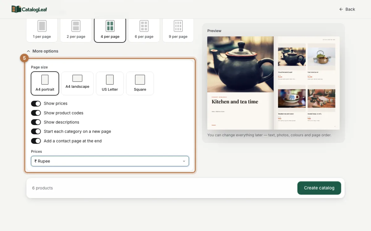 More options open, with 4 per page chosen, Start each category on a new page turned on and prices in Rupee