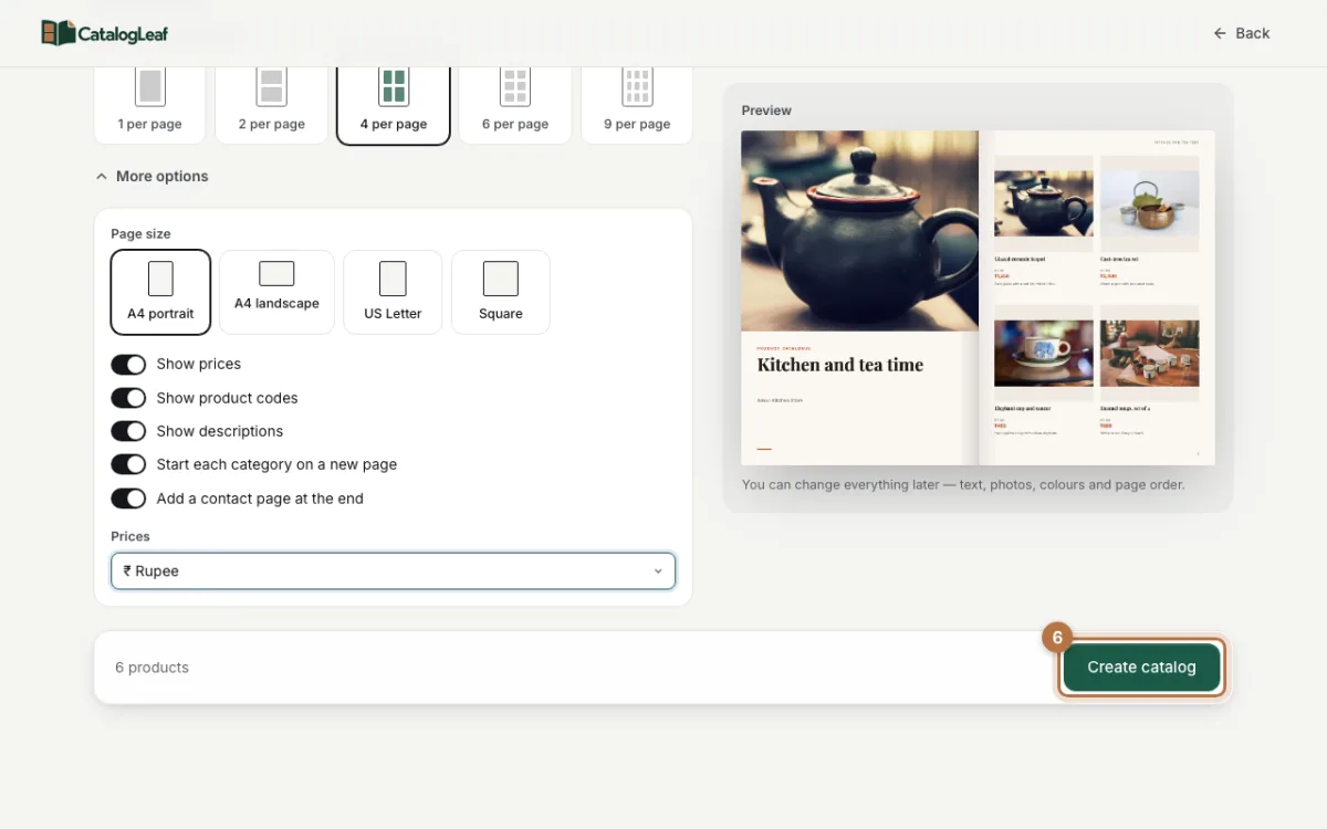 The Create catalog button highlighted at the bottom of the page