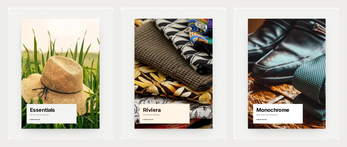 Three finished fashion lookbook covers side by side: Essentials with a straw hat in tall grass, Riviera with printed fabric and bags, and Monochrome with black leather shoes