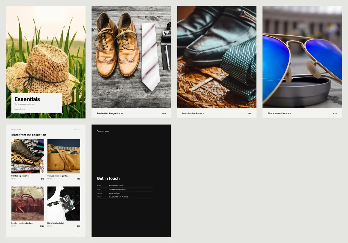 All six pages of the Essentials lookbook on one sheet, in black and white: a straw hat cover, three full-page shoe and sunglasses photos, a grid page and a black contact page