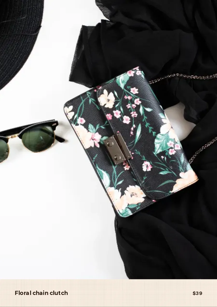 One finished lookbook page: a floral chain clutch on a black cloth with sunglasses, and a caption band with the name and the price