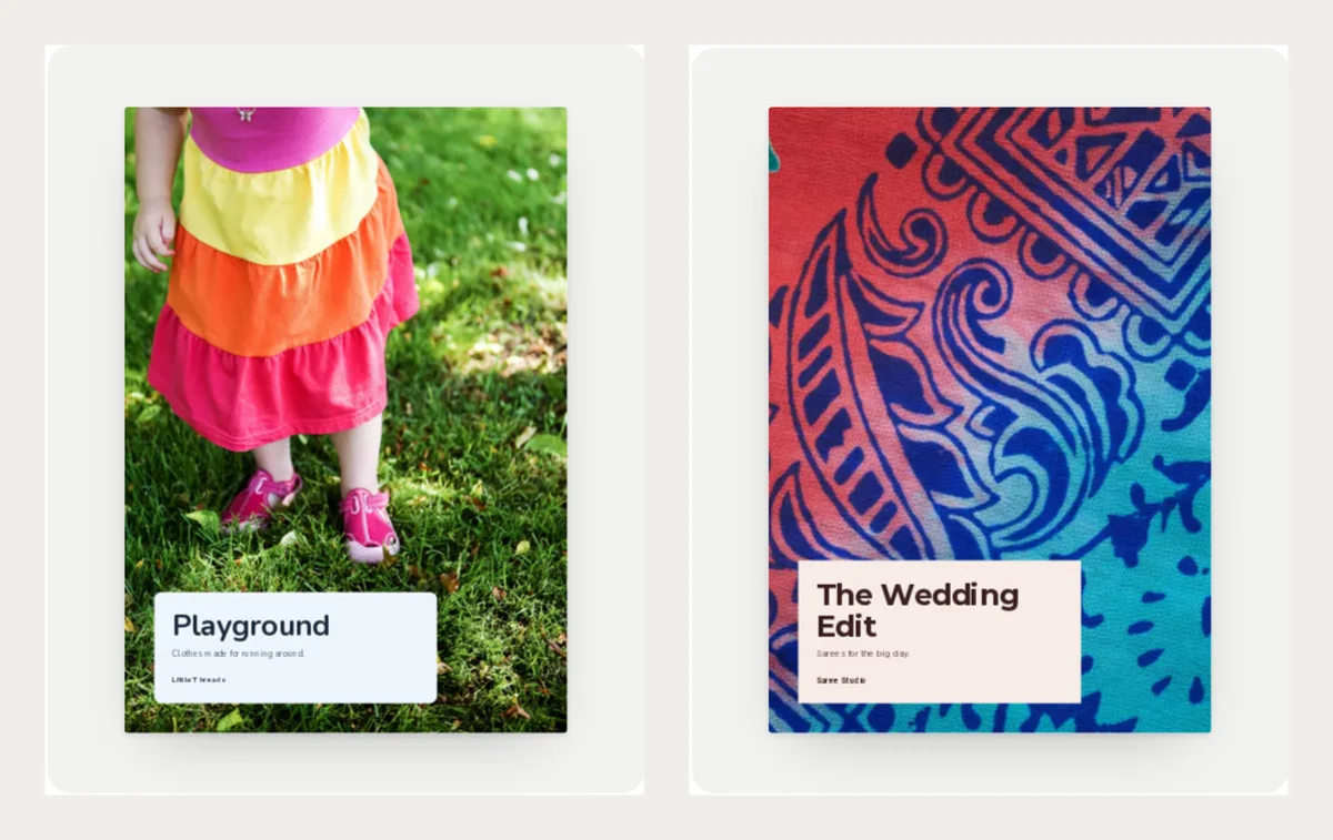 Two more lookbook covers: Playground for kids' clothes with a child in a bright tiered skirt, and The Wedding Edit for sarees with a printed blue and red cloth