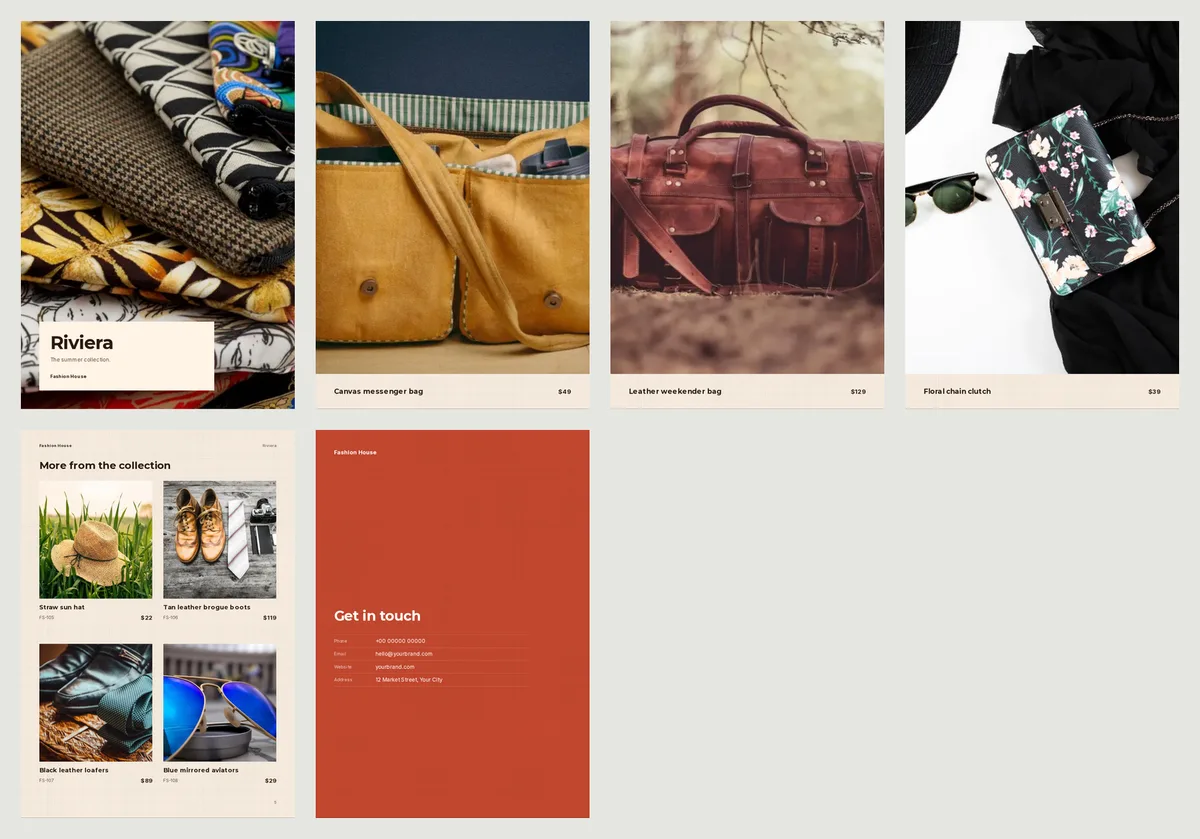 All six pages of the Riviera lookbook on one sheet: a cover, three full-page bag photos with name and price, a grid page of four items and a red contact page