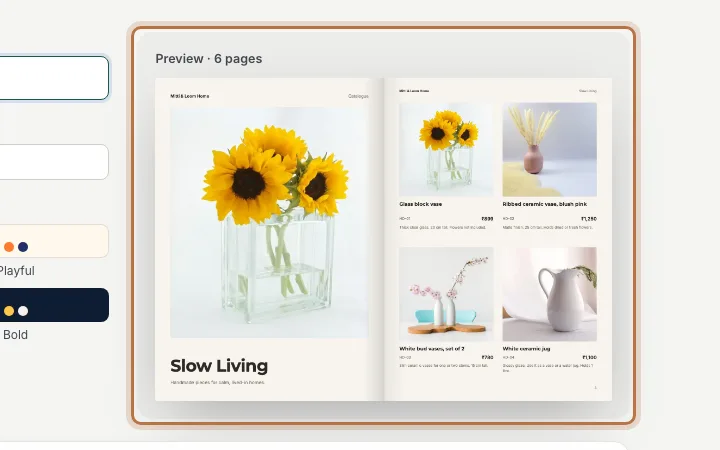 A preview of a finished home decor catalogue: a cover with sunflowers in a glass vase, and a page with a glass vase, a pink ceramic vase, white bud vases and a white jug, each with a price